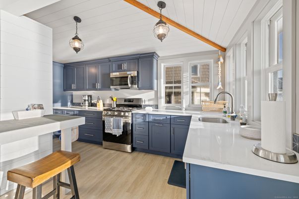 Interior, Kitchen, Pendant Lights, Stainless Steel Appliances, Wood Texture Flooring