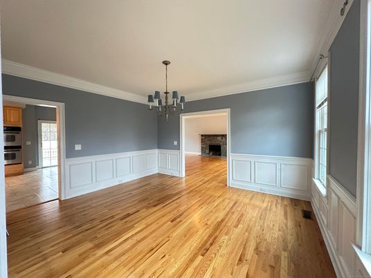 Empty room, Fireplace, Interior, Pendant Lights, Wood Texture Flooring