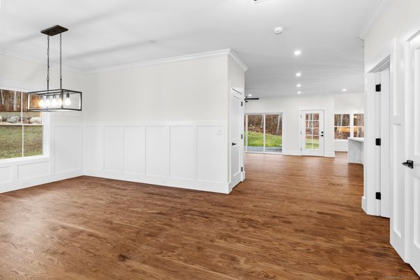 Empty room, Interior, Pendant Lights, Recessed Lighting, Wood Texture Flooring