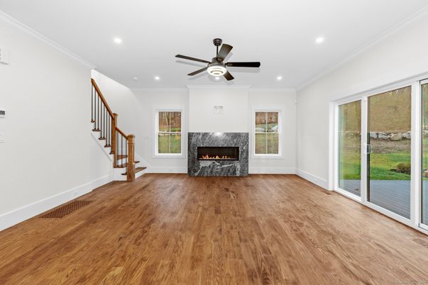 Empty room, Fireplace, Interior, Recessed Lighting, Wood Texture Flooring