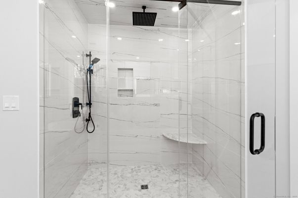 Bathroom, Glass Shower, Interior, Marble Walls, Recessed Lighting