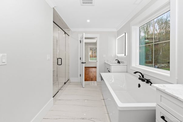 Bathroom, Glass Shower, Interior, Marble, Recessed Lighting