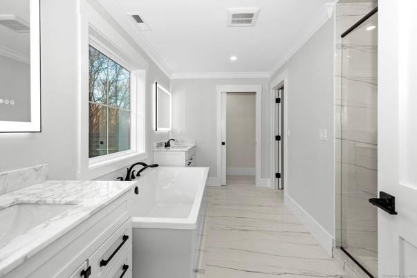 Bathroom, Dual Sink Vanities, Interior, Marble, Recessed Lighting