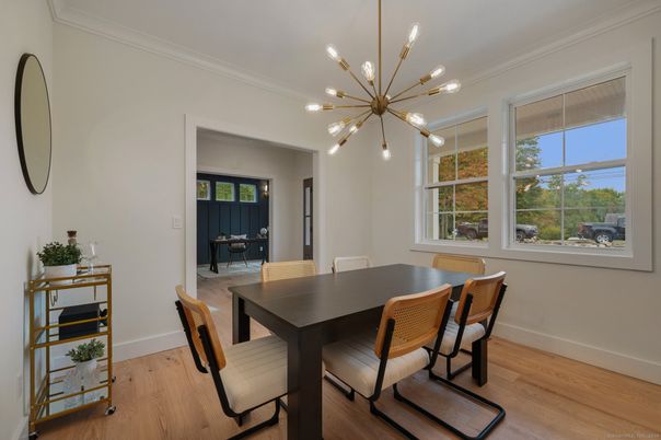 Dining room, Interior, Pendant Lights, Wood Texture Flooring