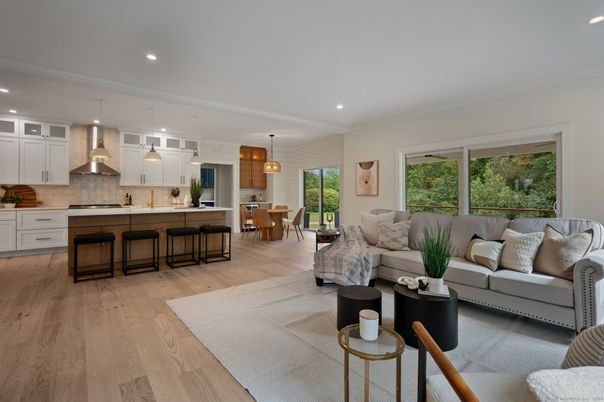 Dining room, Interior, Kitchen, Living room, Pendant Lights, Recessed Lighting, Stainless Steel Appliances, Wood Texture Flooring