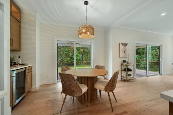 Dining room, Interior, Pendant Lights, Recessed Lighting, Wood Texture Flooring