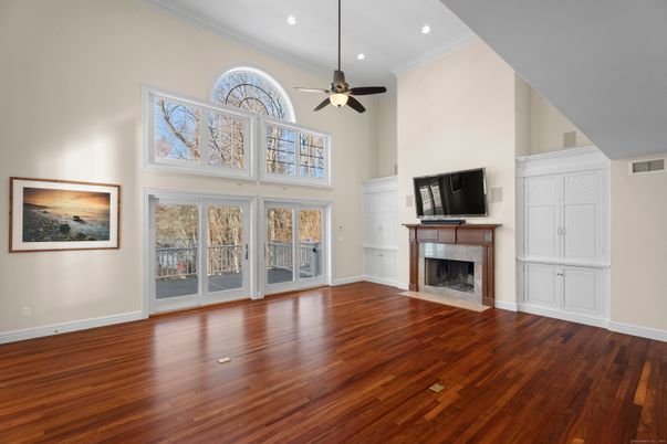 Empty room, Fireplace, Interior, Recessed Lighting, Wood Texture Flooring