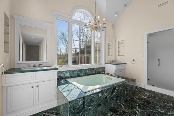 Bathroom, Chandelier, Dual Sink Vanities, Interior, Marble, Recessed Lighting