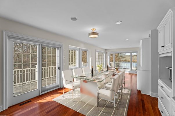 Dining room, Interior, Recessed Lighting, Wood Texture Flooring