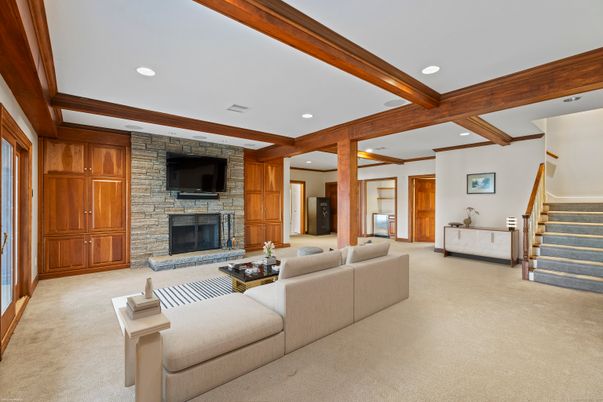 Fireplace, Interior, Living room, Recessed Lighting, Stone Walls, Wooden Beams