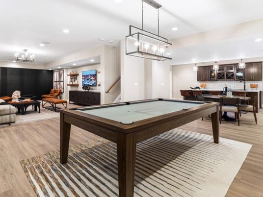 Billiard Table, Chandelier, Dining room, Game Room, Interior, Living room, Pendant Lights, Recessed Lighting, Wood Texture Flooring