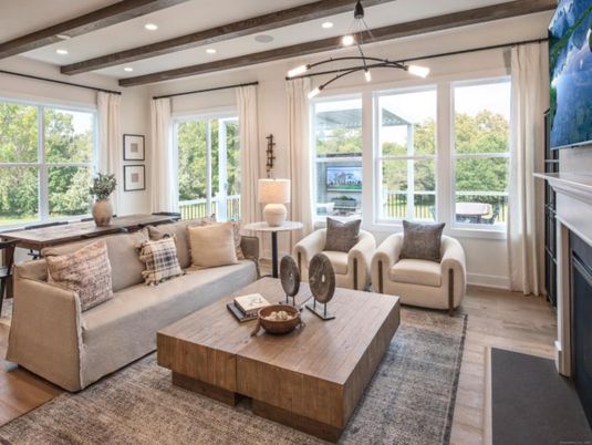 Fireplace, Interior, Living room, Pendant Lights, Recessed Lighting, Wooden Beams, Wood Texture Flooring