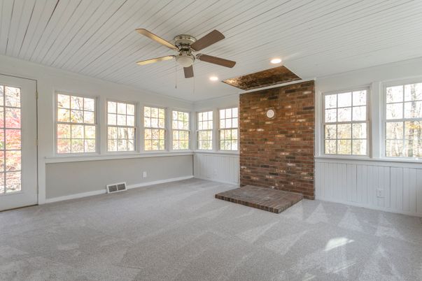 Empty room, Fireplace, Interior, Recessed Lighting, Stone Walls