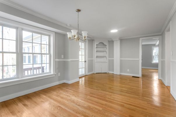 Chandelier, Empty room, Interior, Recessed Lighting, Wood Texture Flooring
