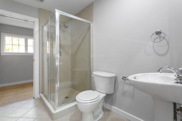 Bathroom, Glass Shower, Interior, Wood Texture Flooring