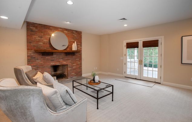 Fireplace, Interior, Living room, Recessed Lighting, Stone Walls