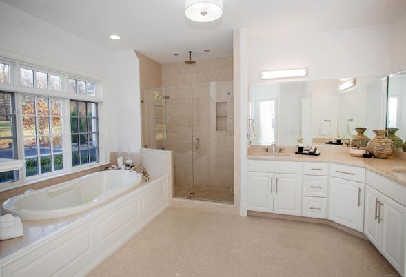 Bathroom, Dual Sink Vanities, Glass Shower, Interior, Recessed Lighting
