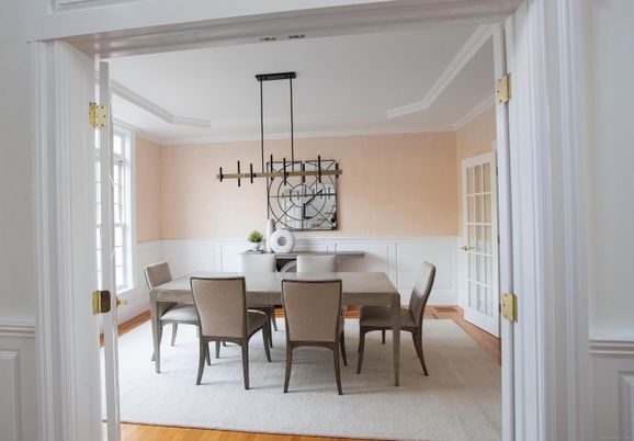 Dining room, Interior, Pendant Lights, Wood Texture Flooring