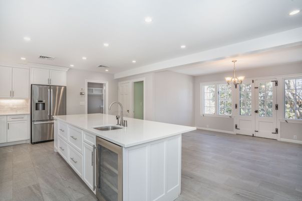 Chandelier, Interior, Kitchen, Recessed Lighting, Stainless Steel Appliances, Wood Texture Flooring