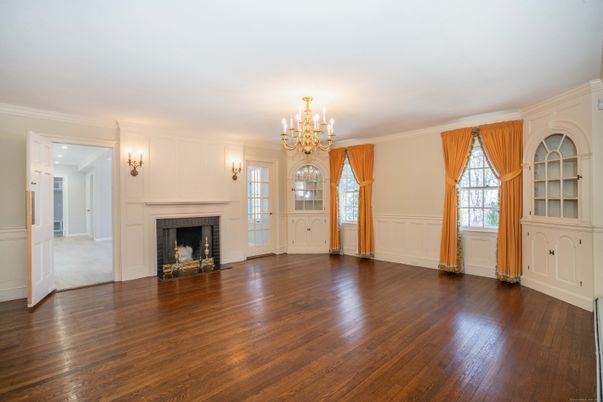 Chandelier, Empty room, Fireplace, Interior, Wood Texture Flooring