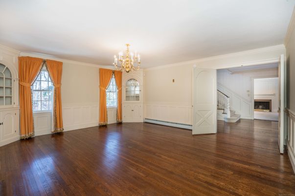 Chandelier, Empty room, Fireplace, Interior, Wood Texture Flooring