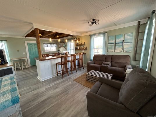 Interior, Living room, Pendant Lights, Wooden Beams, Wood Texture Flooring