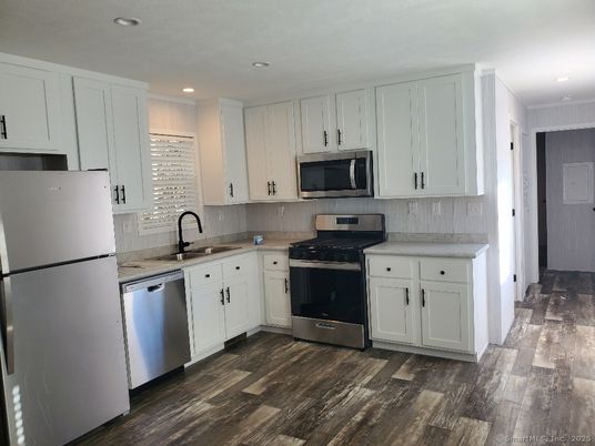 Interior, Kitchen, Recessed Lighting, Stainless Steel Appliances, Wood Texture Flooring