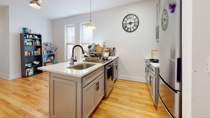 Interior, Kitchen, Pendant Lights, Wood Texture Flooring