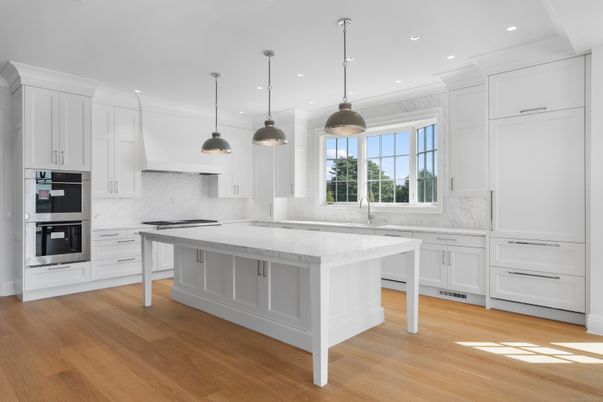 Interior, Kitchen, Marble Walls, Pendant Lights, Recessed Lighting, Wood Texture Flooring