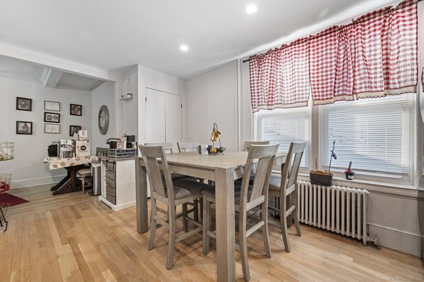 Dining room, Interior, Recessed Lighting, Wood Texture Flooring