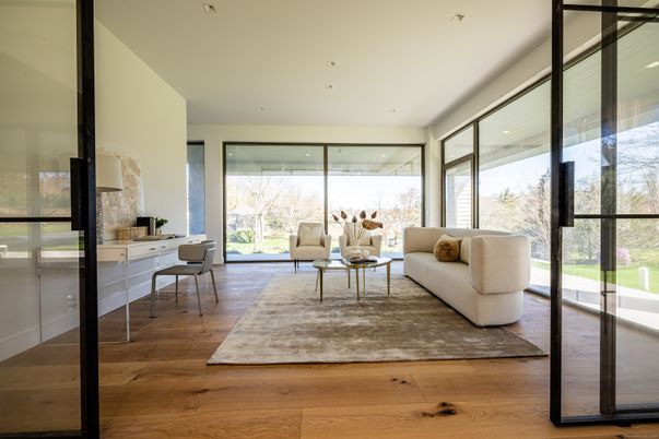 Dining room, Interior, Living room, Recessed Lighting, Wood Texture Flooring