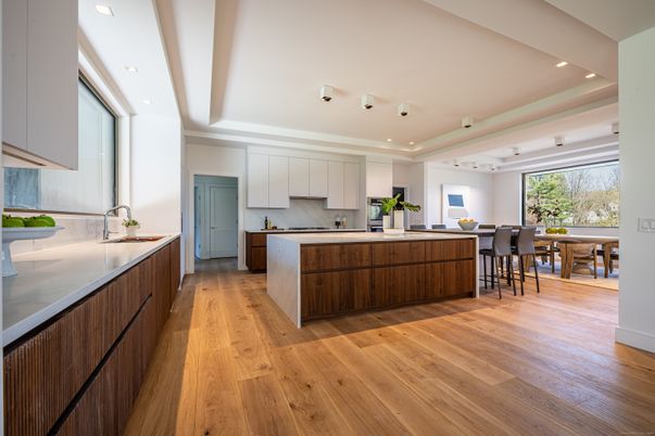 Dining room, Interior, Kitchen, Recessed Lighting, Stainless Steel Appliances, Wood Texture Flooring