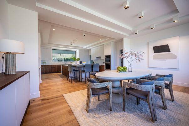 Dining room, Interior, Kitchen, Recessed Lighting, Stainless Steel Appliances, Wood Texture Flooring