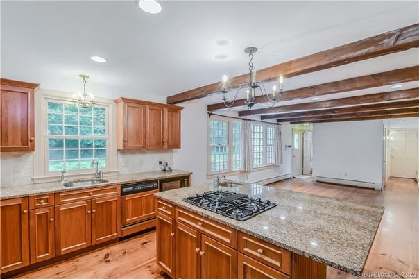 Chandelier, Interior, Kitchen, Recessed Lighting, Wooden Beams, Wood Texture Flooring