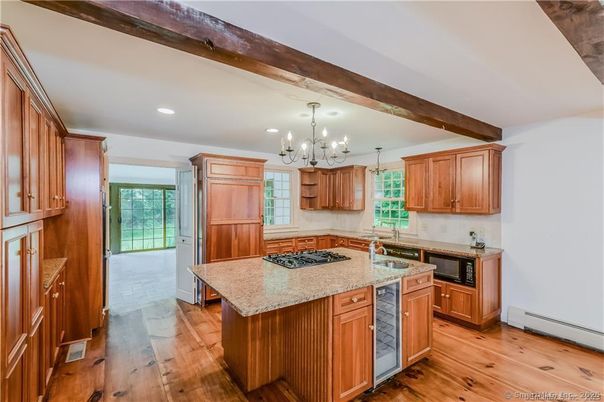 Chandelier, Interior, Kitchen, Recessed Lighting, Wooden Beams, Wood Texture Flooring
