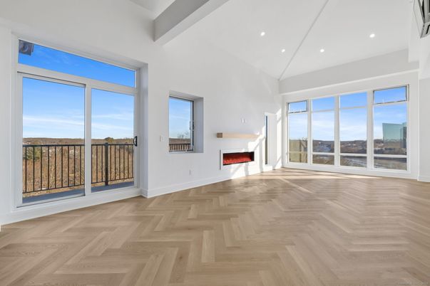 Empty room, Fireplace, Interior, Recessed Lighting, Wood Texture Flooring