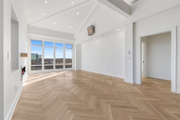 Empty room, Fireplace, Interior, Recessed Lighting, Wood Texture Flooring