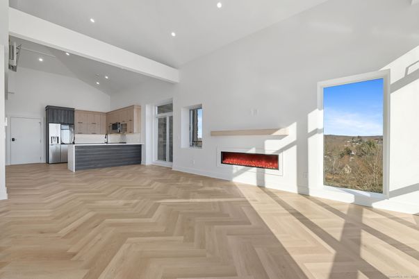 Fireplace, Interior, Kitchen, Recessed Lighting, Wood Texture Flooring