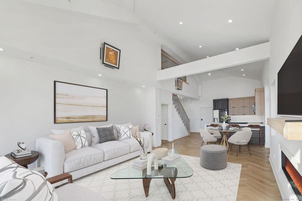 Dining room, Fireplace, Interior, Living room, Recessed Lighting, Wood Texture Flooring