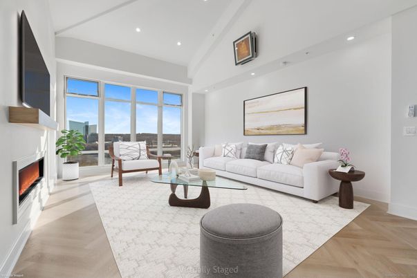 Fireplace, Interior, Living room, Recessed Lighting, Wood Texture Flooring