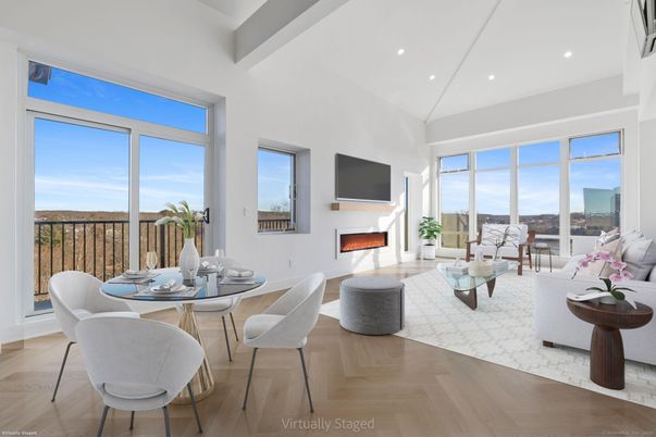 Dining room, Fireplace, Interior, Living room, Recessed Lighting, Wood Texture Flooring