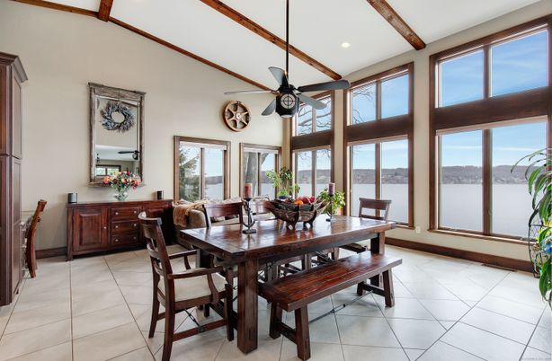 Dining room, Interior, Recessed Lighting, Water, Wooden Beams