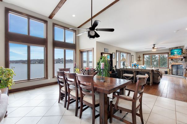 Dining room, Fireplace, Interior, Living room, Recessed Lighting, Water, Wooden Beams