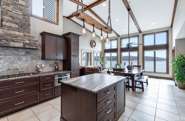 Dining room, Interior, Kitchen, Pendant Lights, Recessed Lighting, Stone Walls, Water, Wooden Beams