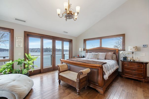 Bedroom, Chandelier, Interior, Water, Wood Texture Flooring