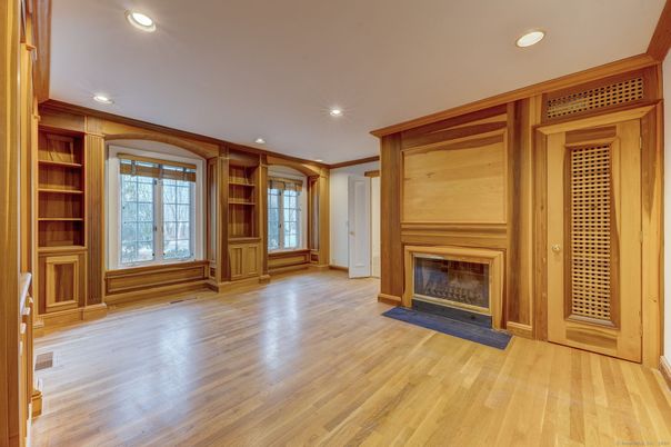 Empty room, Fireplace, Interior, Recessed Lighting, Wood Texture Flooring