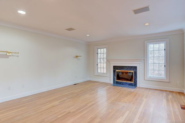 Empty room, Fireplace, Interior, Recessed Lighting, Wood Texture Flooring