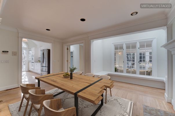 Dining room, Interior, Recessed Lighting, Wood Texture Flooring