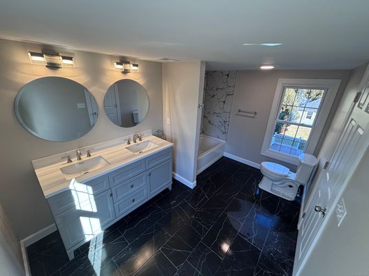 Bathroom, Dual Sink Vanities, Interior, Marble, Recessed Lighting