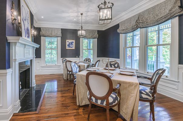 Dining room, Fireplace, Interior, Pendant Lights, Recessed Lighting, Wood Texture Flooring